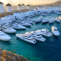 Μύκονος: ο μύθος των sugar dating σχέσεων στο νησί των εκατομμυριούχων Πανοραμική άποψη της Μυκόνου με λευκούς ανεμόμυλους και πολυτελή γιοτ στο Αιγαίο