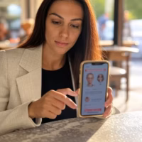 Υπεργαμία και sugar dating: Γιατί σχετίζονται; Γυναίκα που εξετάζει προφίλ sugar dating σε smartphone σε καφετέρια της Αθήνας