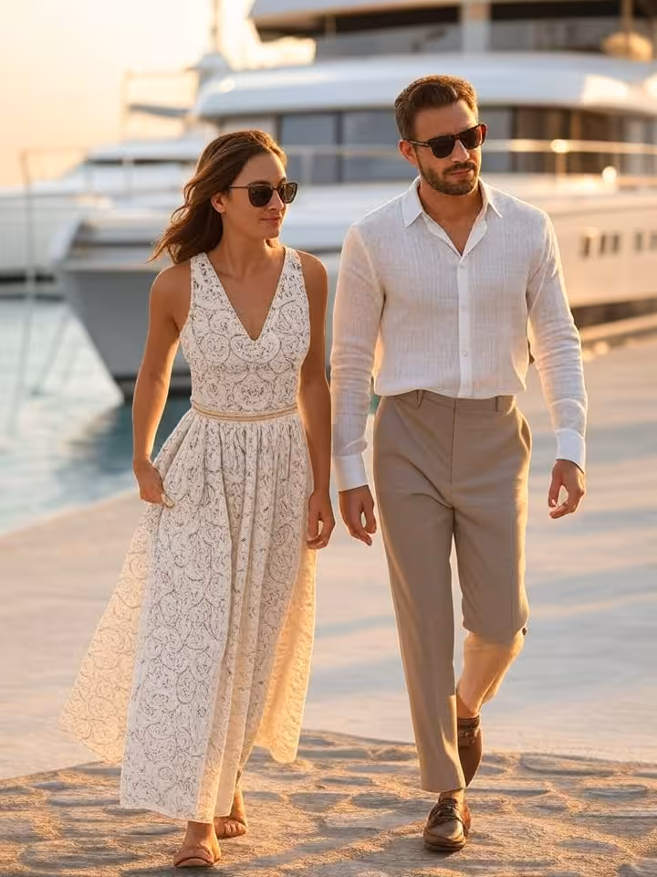 Ζευγάρι sugar dating που περπατά στη Μύκονο κατά το ηλιοβασίλεμα