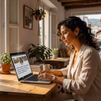 Τι να γράψεις στο bio σου ως sugar baby: Πραγματικά παραδείγματα Γυναίκα γράφει bio προφίλ σε laptop