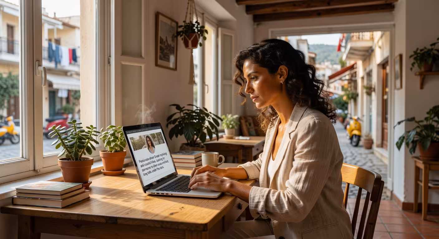 Γυναίκα γράφει bio προφίλ σε laptop